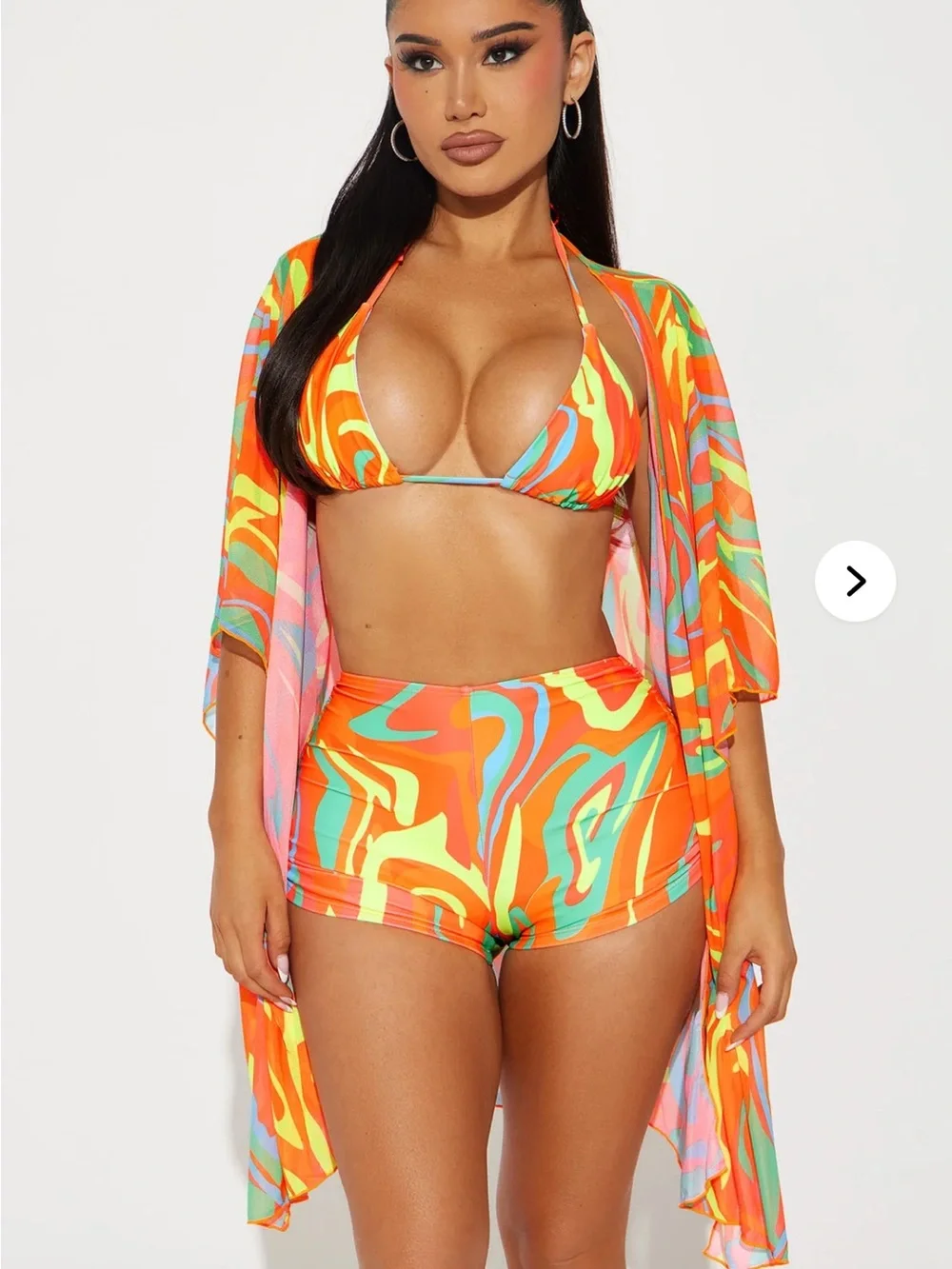 Fashion Nova Neon Orange & Aqua Swirl Bikini Set with Cover-Up